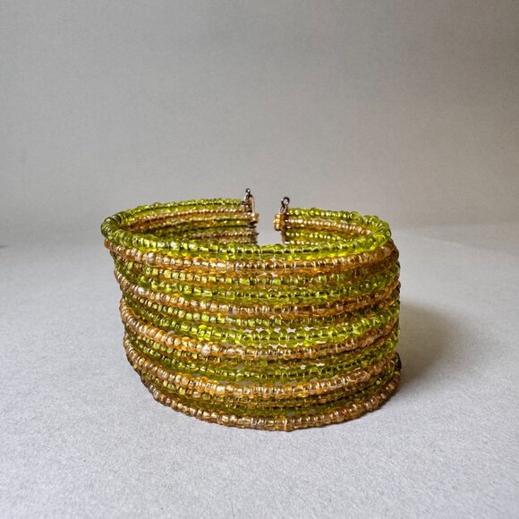 Green & Gold Multi-Strand Beaded Coil Bracelet – Boho Style - Picture 1 of 3